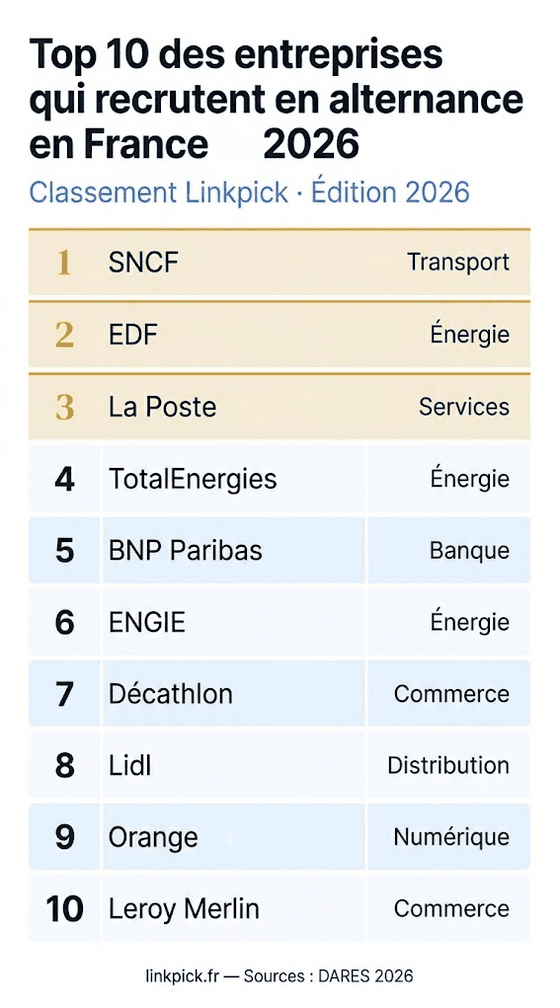 Classement 2026 des 10 entreprises qui recrutent le plus en alternance en France — SNCF, EDF, La Poste, TotalEnergies, BNP Paribas — édition Linkpick