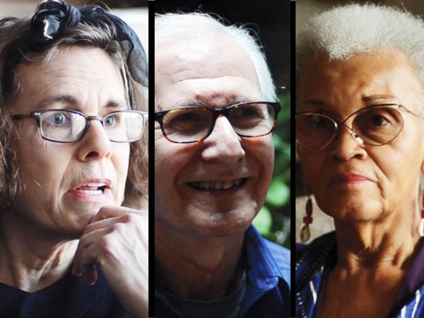 The image is a triptych showing three older individuals. On the left, a woman with glasses and a dark head covering touches her chin thoughtfully. In the center, an older man with glasses smiles warmly at the camera. On the right, a woman with short, white hair and glasses looks directly at the viewer with a neutral expression.