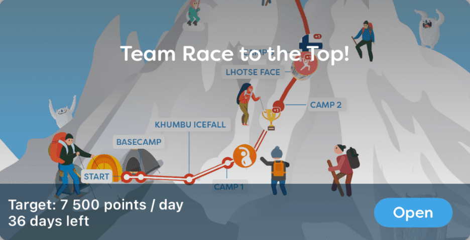 Team Race to the Top: Mount Everest challenge, 7 500 points a day