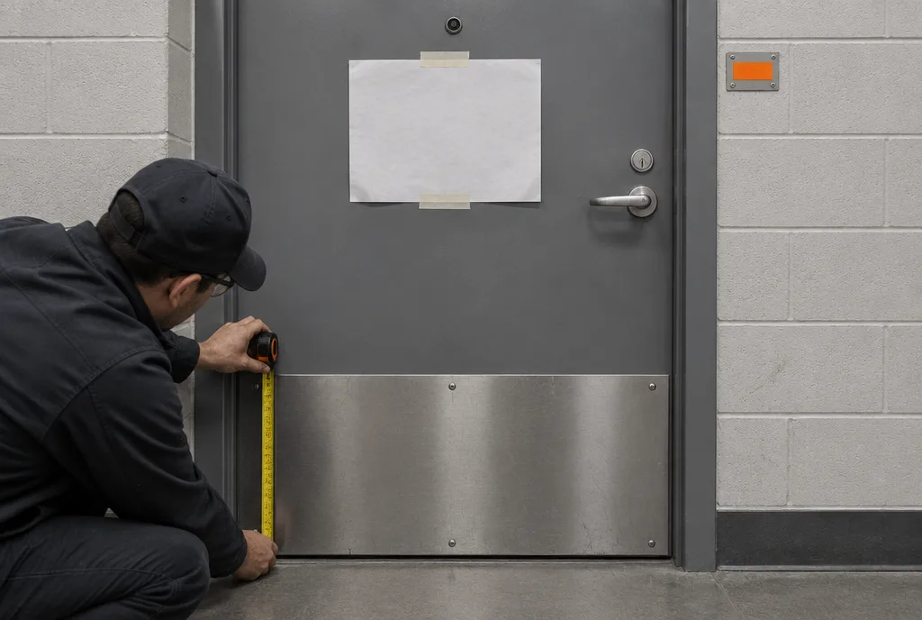 Kick plate and sign on a fire door being measured.