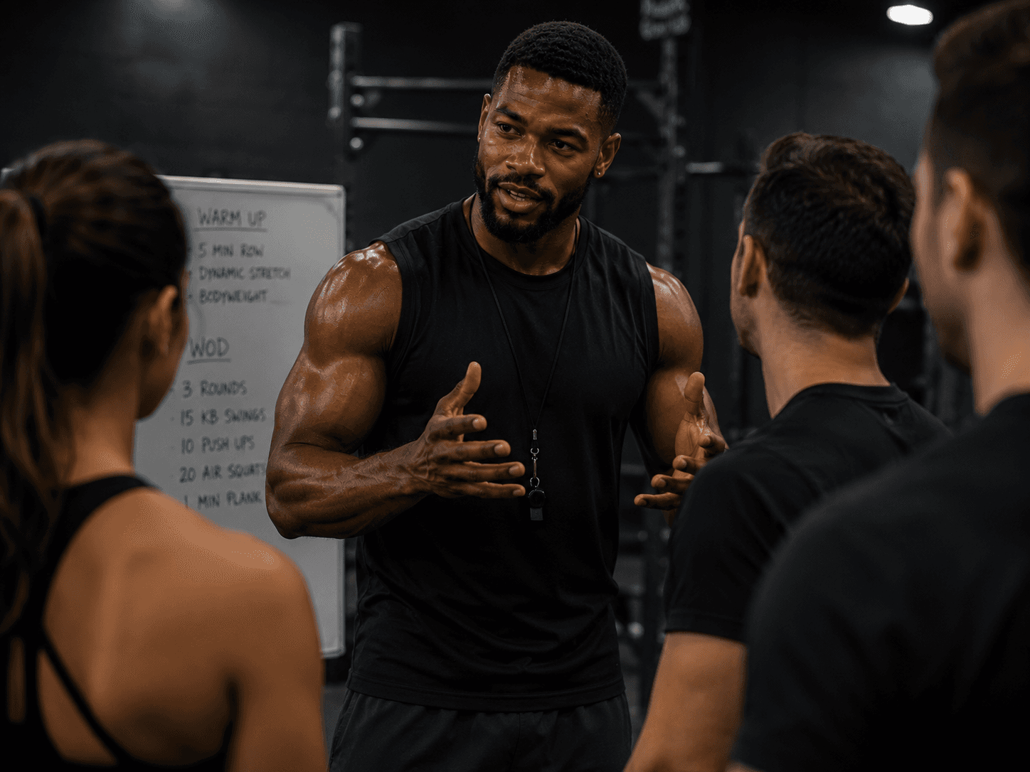 Male trainer training a group of clients.