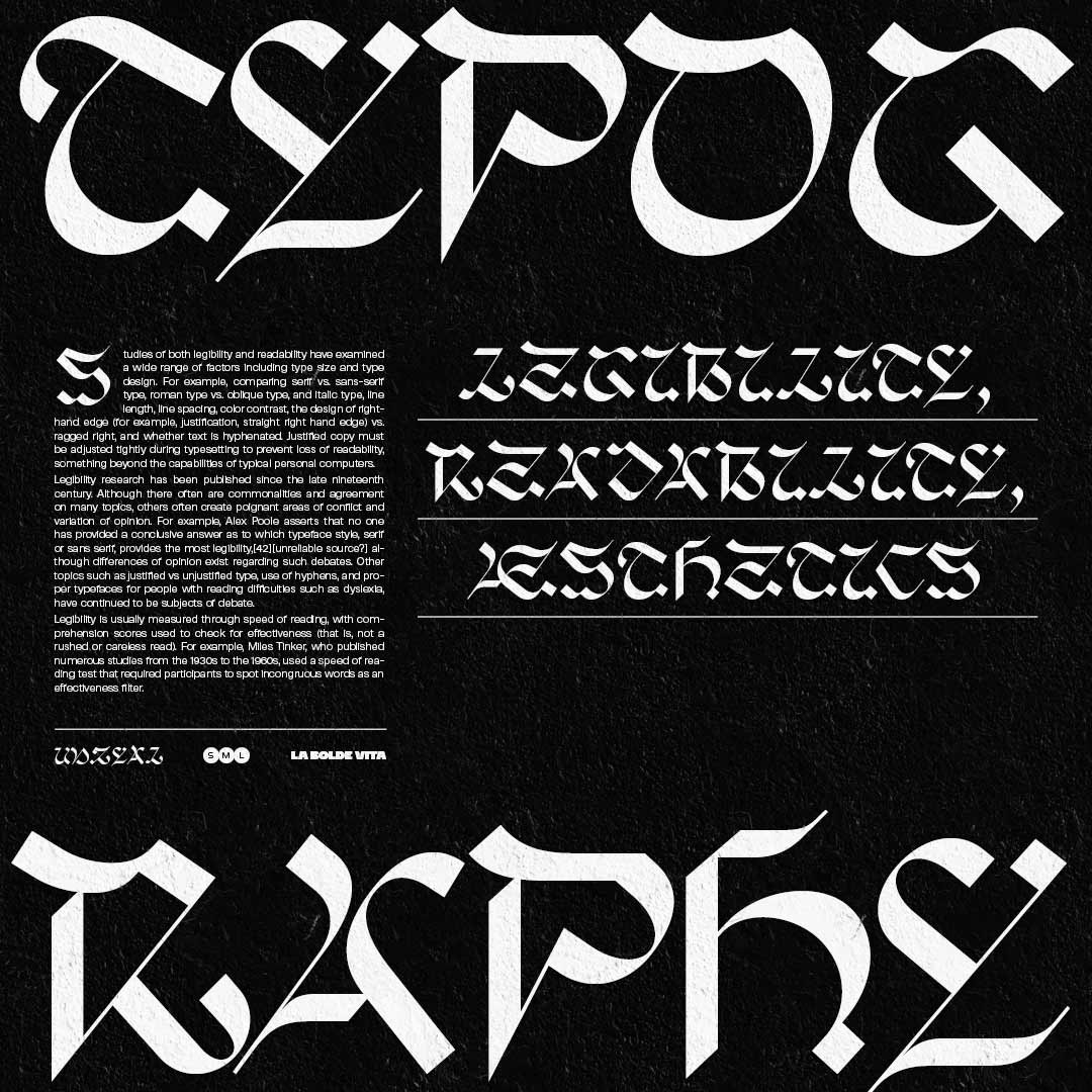 complex specimen layout with various weights and sizes of Unzyale in white on black background