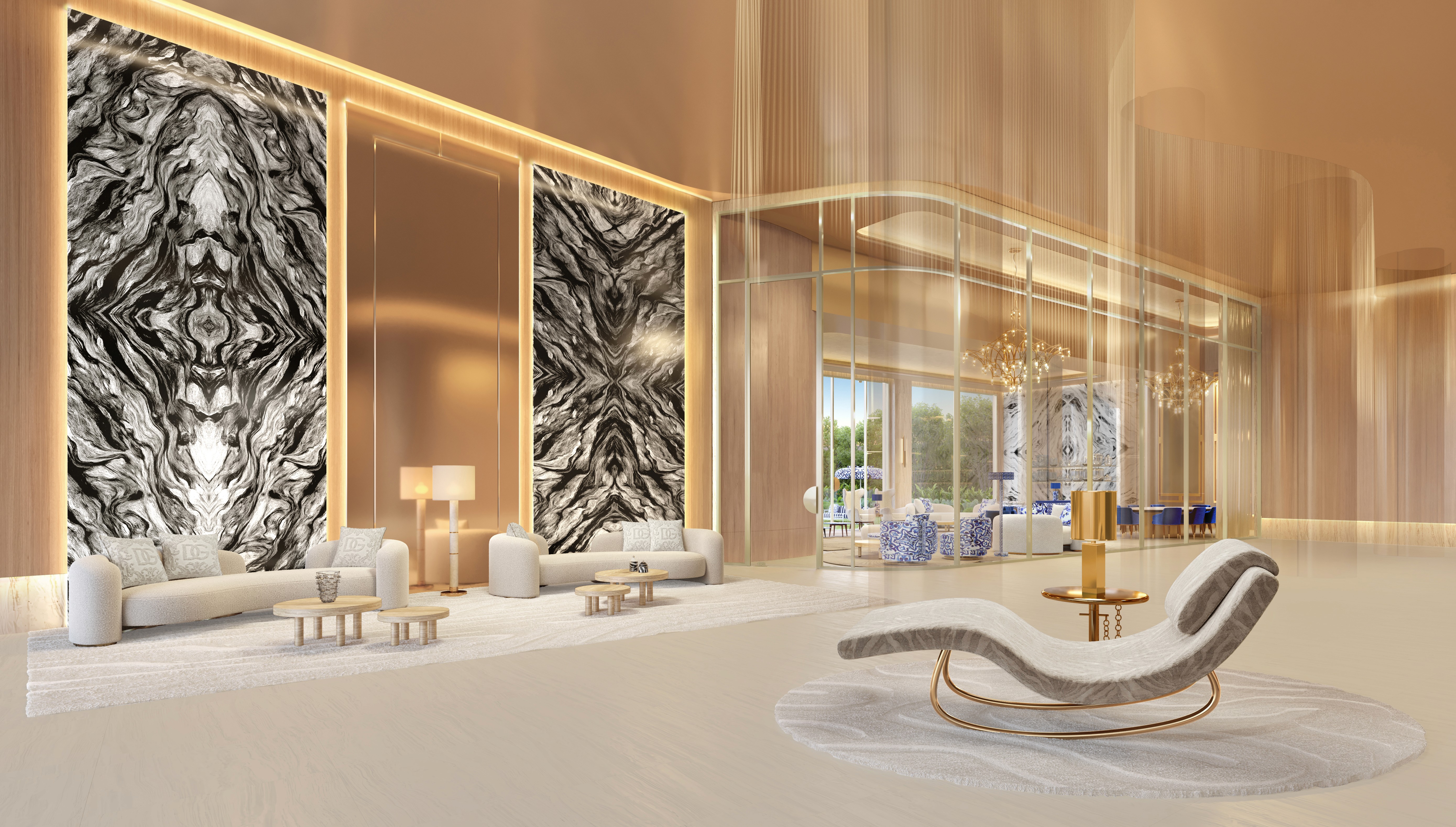 Curved modern skyscraper against a clear blue sky.