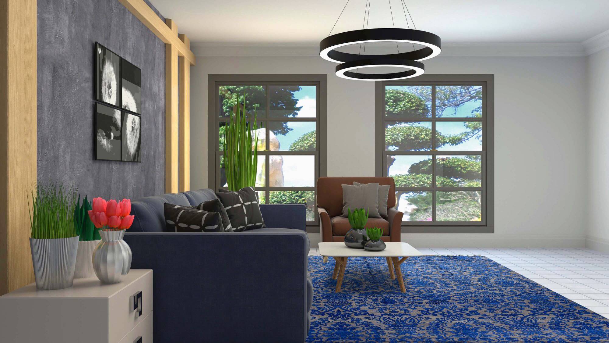 A Beautiful art deco interior is shown with grey / black / yellow colors, on the floor lies a beatiful blue carpet called Kontes handmade from India
