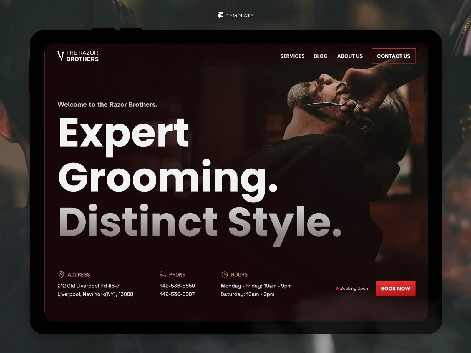 Barbershop Framer website template displayed on a tablet featuring a premium grooming salon homepage.