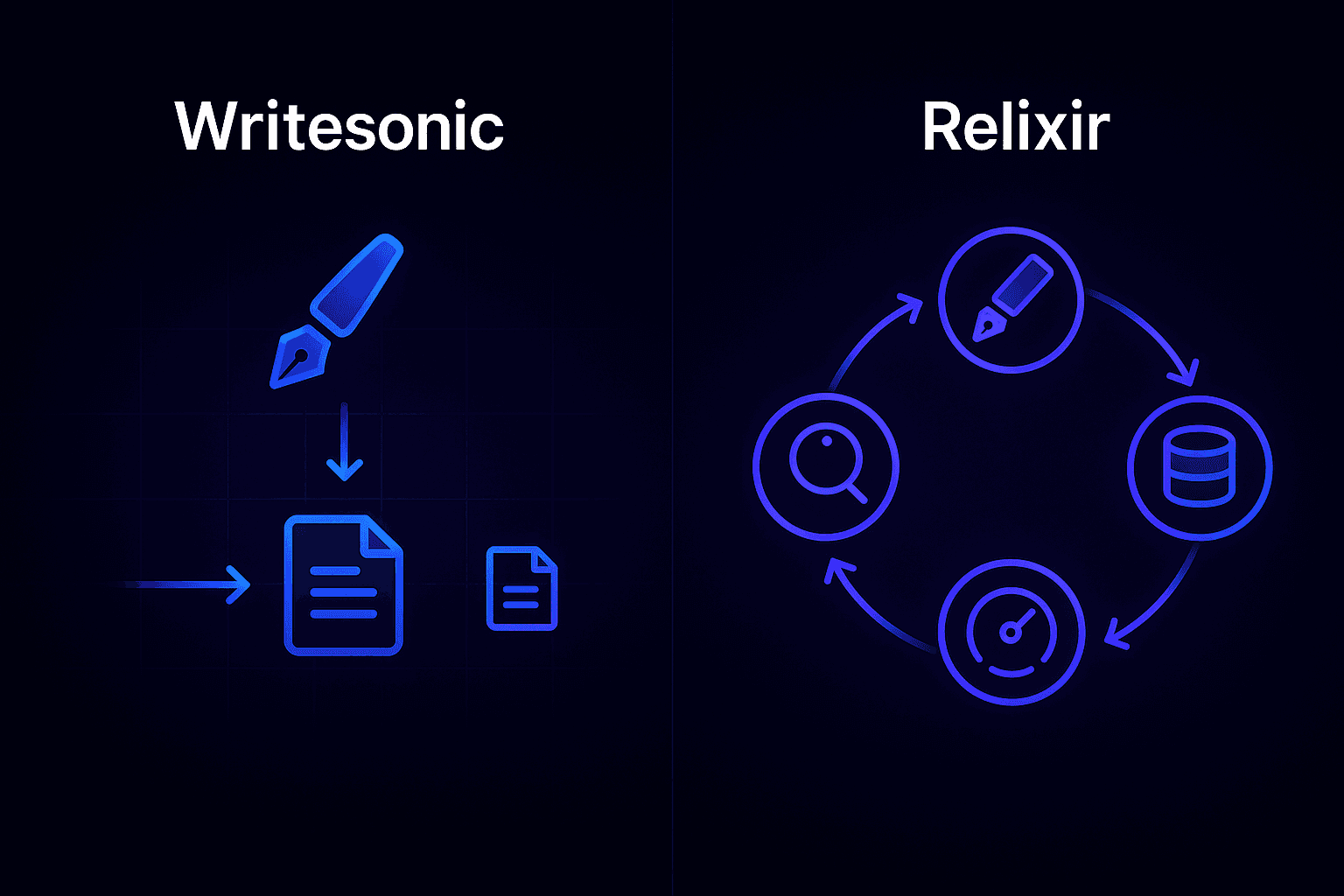 Diagram contrasting Writesonic’s one-way writing flow with Relixir’s closed-loop CMS and autonomous refresh