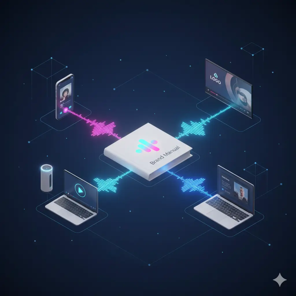 Central "Brand Manual" hub syncing audio and media waveforms to smartphone, two laptops, a monitor, and a smart speaker in a neon network.