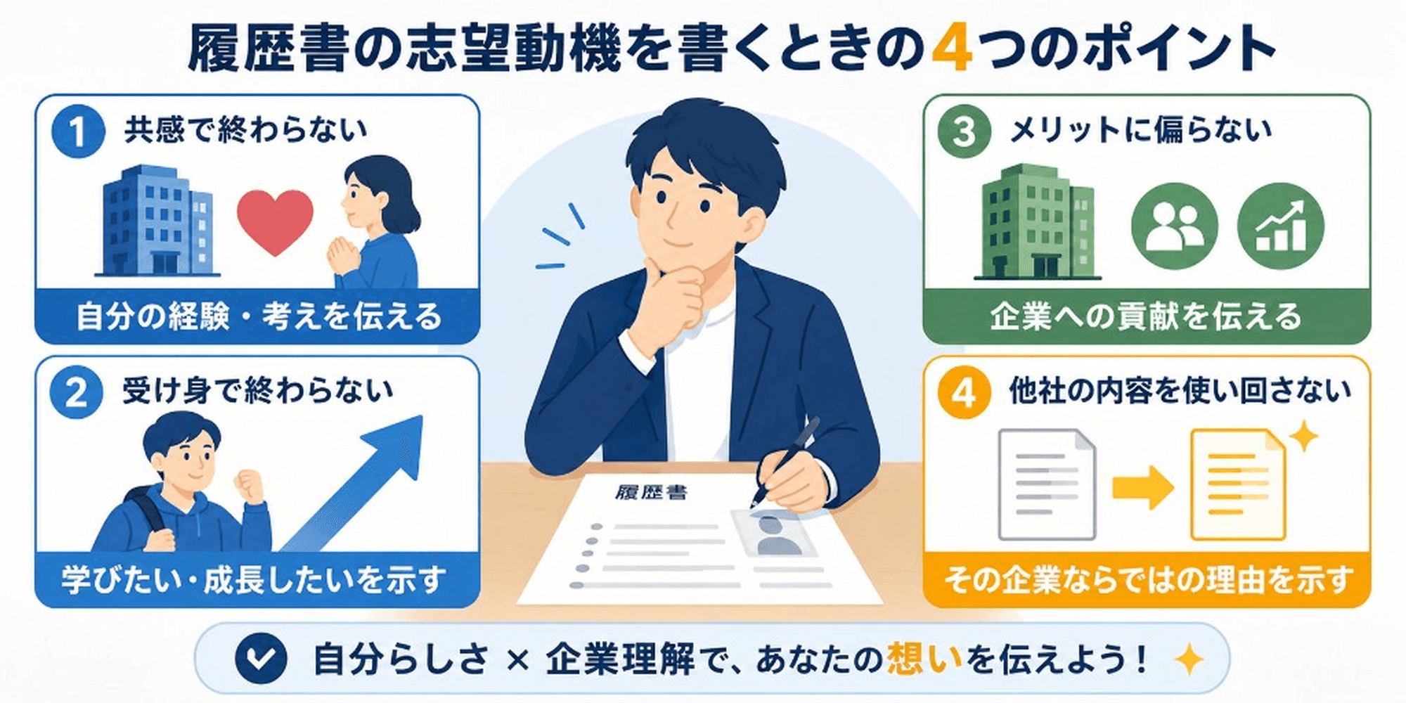 履歴書の志望動機を書くときの4つのポイント：共感で終わらない、受け身で終わらない、メリットに偏らない、他社の内容を使い回さない