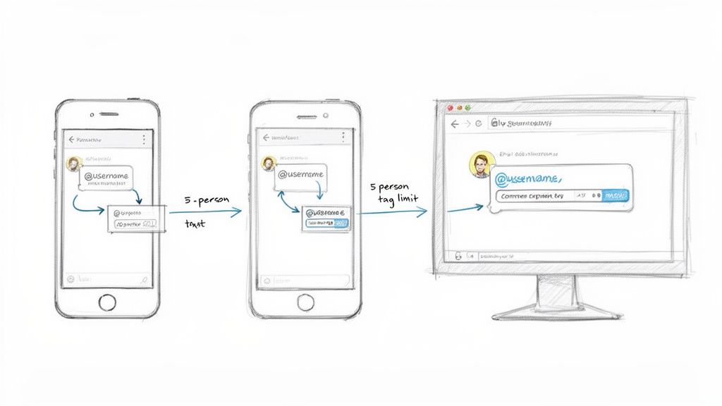 Diagram illustrating how to tag users in comments on mobile and desktop applications, showing a 5-person limit.