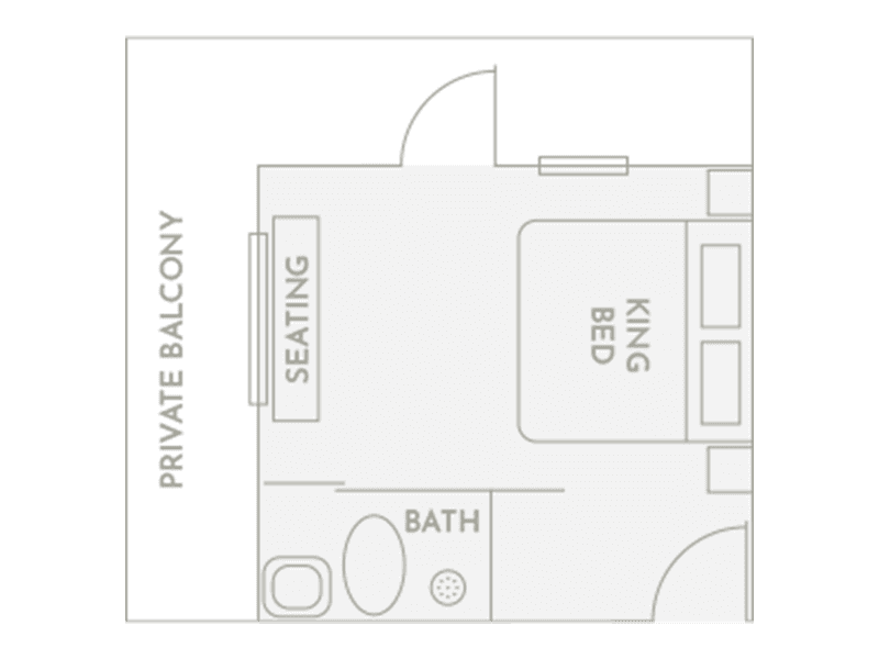 Floor plan of Room 7 at Club Vieques featuring king bed and private balcony.