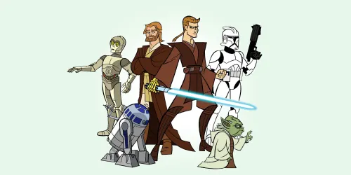 Gendy Tartakovsky's Clone Wars characters including Anakin Skywalker, Obi-Wan Kenobi, C3PO, R2-D2, and Yoda