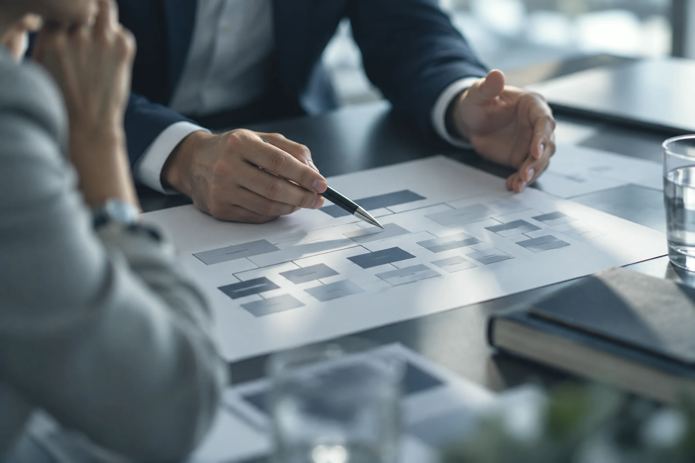 Hands with a pen over a printed organisation chart