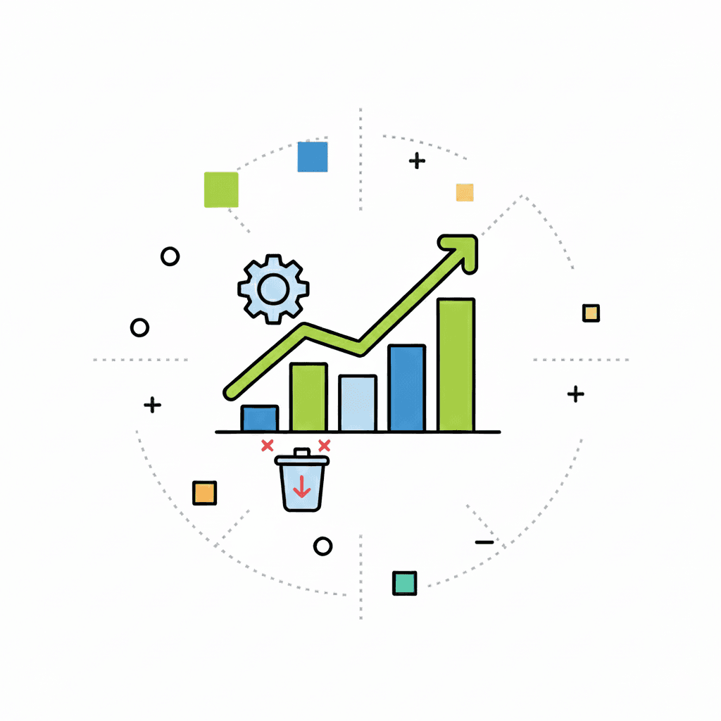 Performance icon illustrating a bar chart with an upward-trending green line, a gear symbol, and a wastebasket with a down arrow.