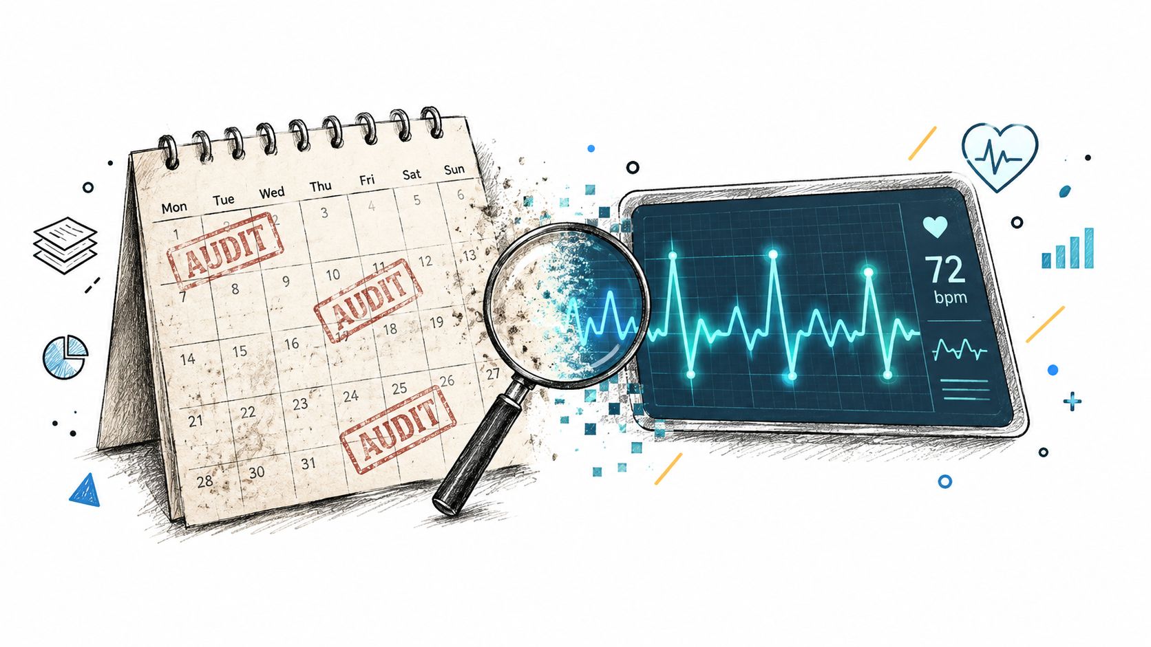 A calendar with audit stamps, a magnifying glass, and a digital heart rate monitor screen display.