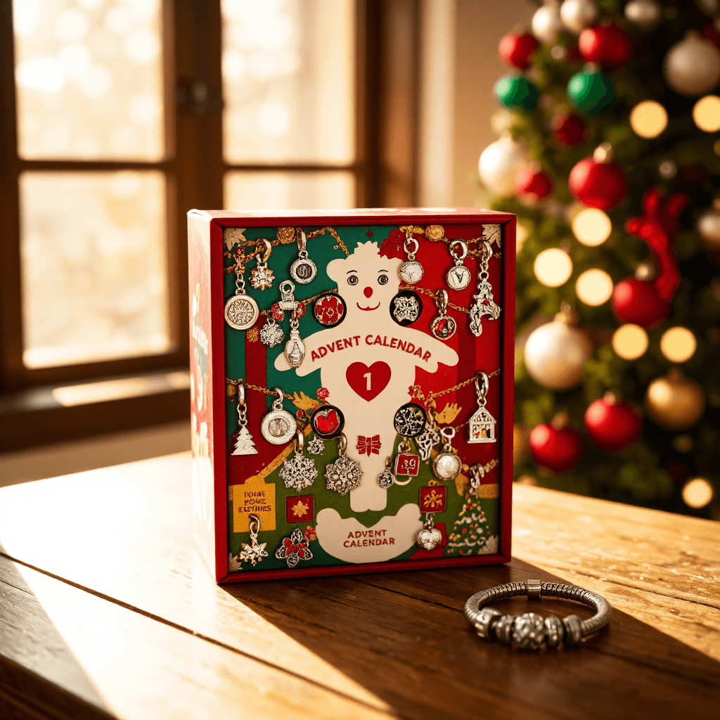 product photography of advent calendar with charms and bracelet