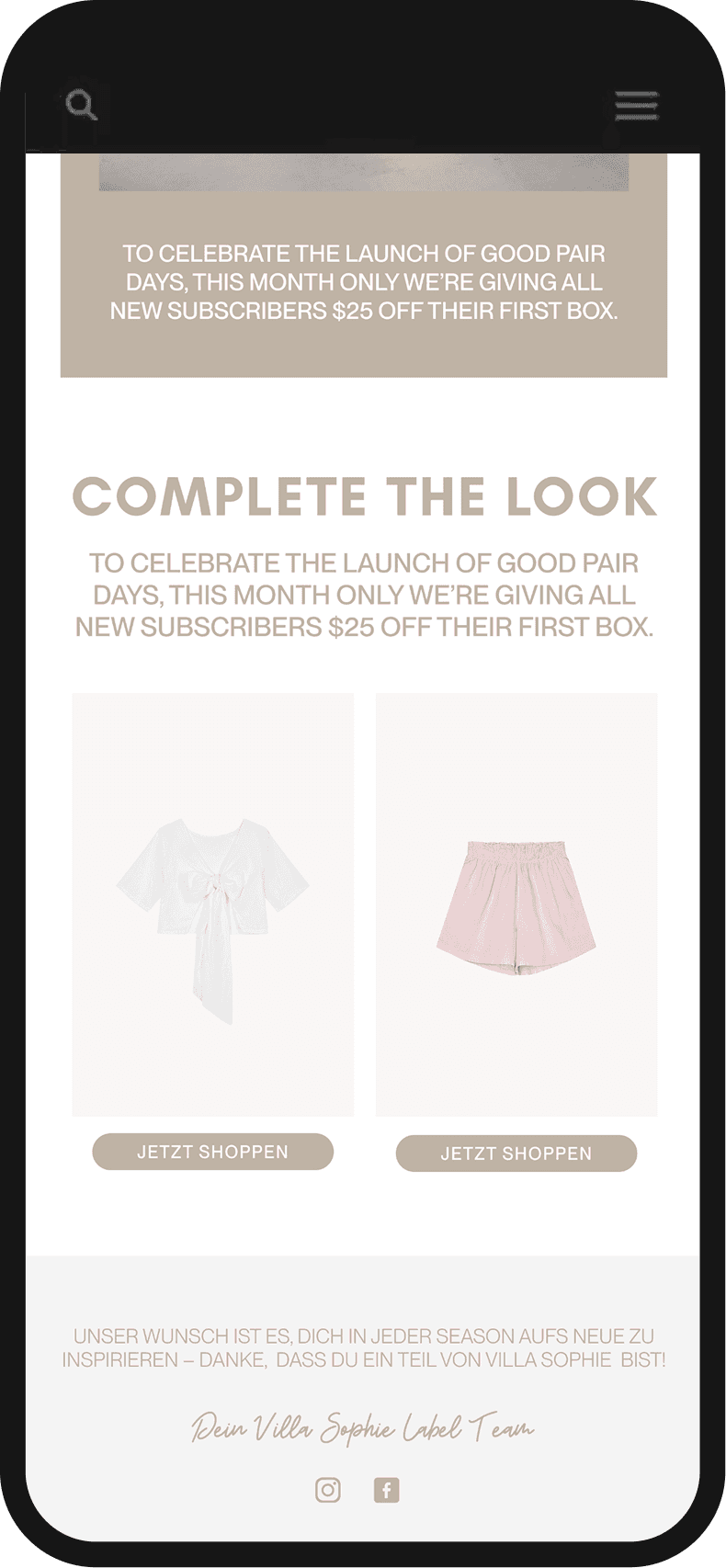 Fashion retail promotion: $25 off new subscribers.