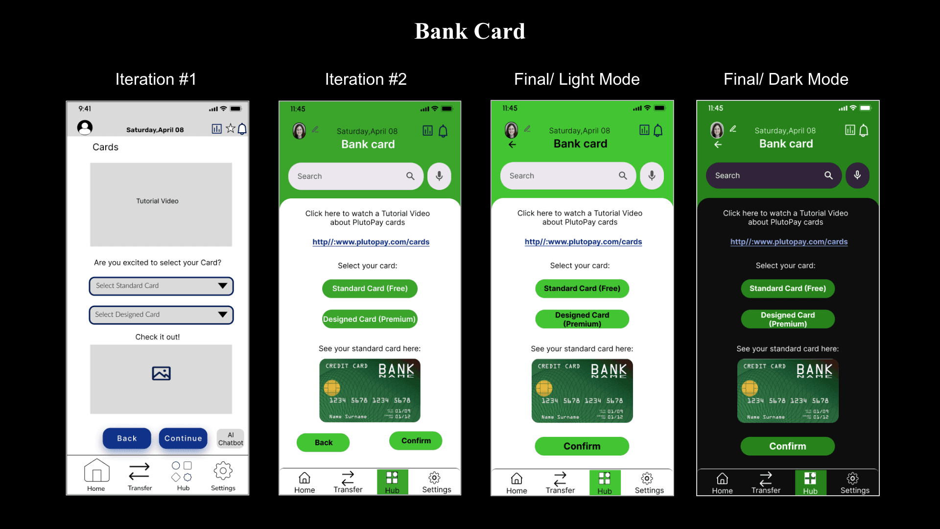 Bank card screen design iterations — light and dark mode finals