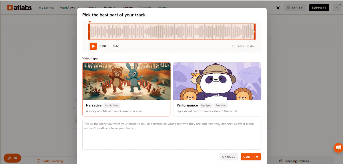 Animated kids' music video characters built from a Suno song in Atlabs