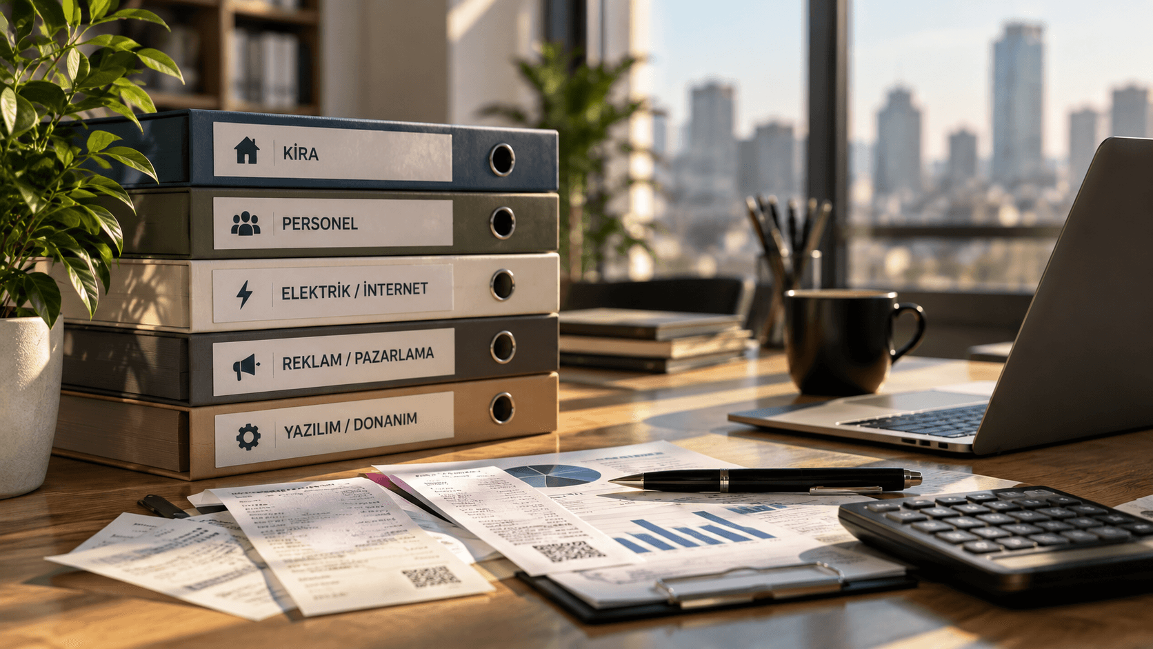 Şirket giderlerini temsil eden; ofis, personel, fatura, enerji ve reklam harcamalarını simgeleyen ikonların, hesap makinesi ve finansal belgelerle birlikte yer aldığı profesyonel işletme görseli.