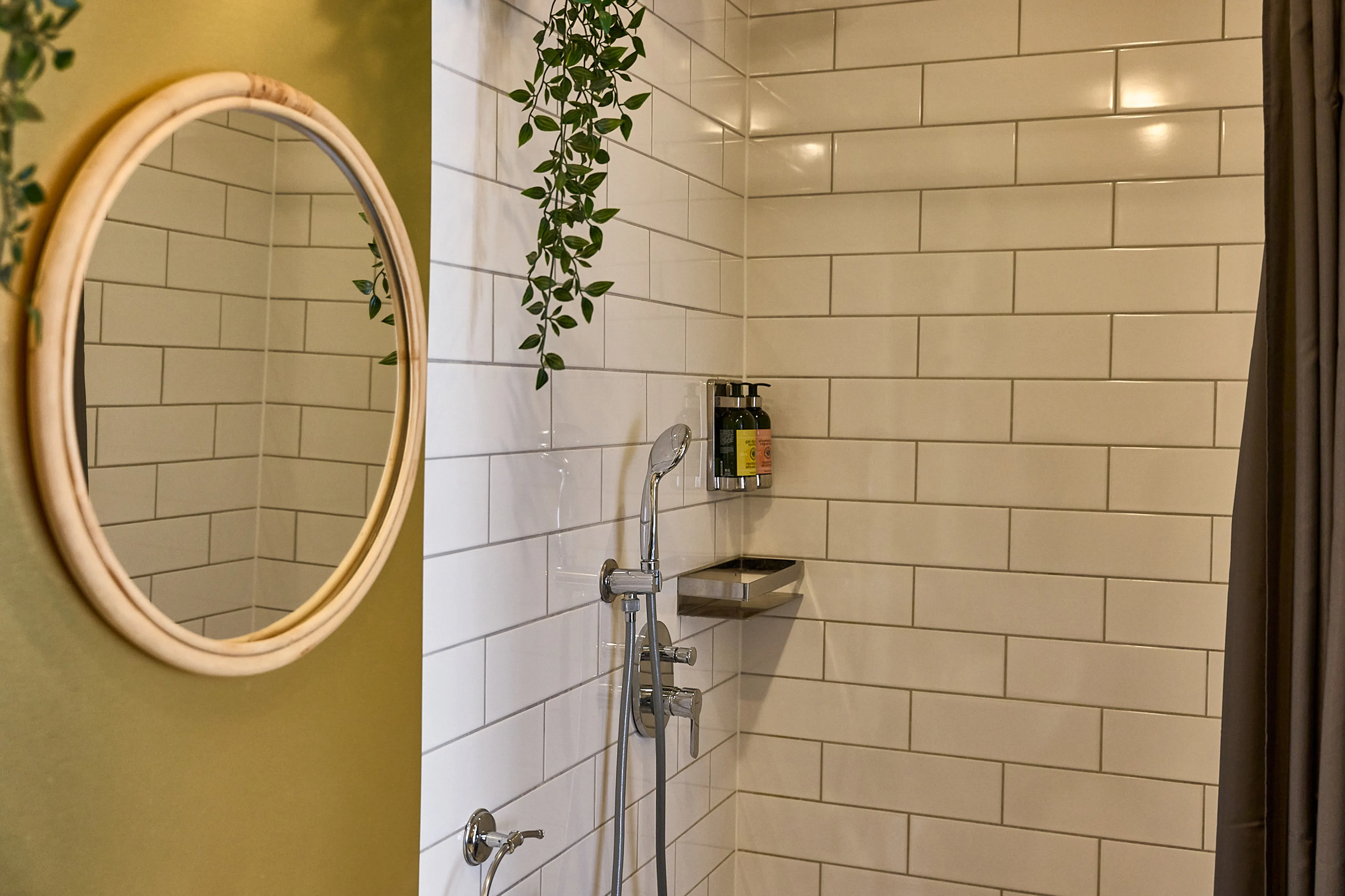 Ensuite shower with white subway tiles in the Silvija Suite, Hidden House boutique townhouse, Hvar