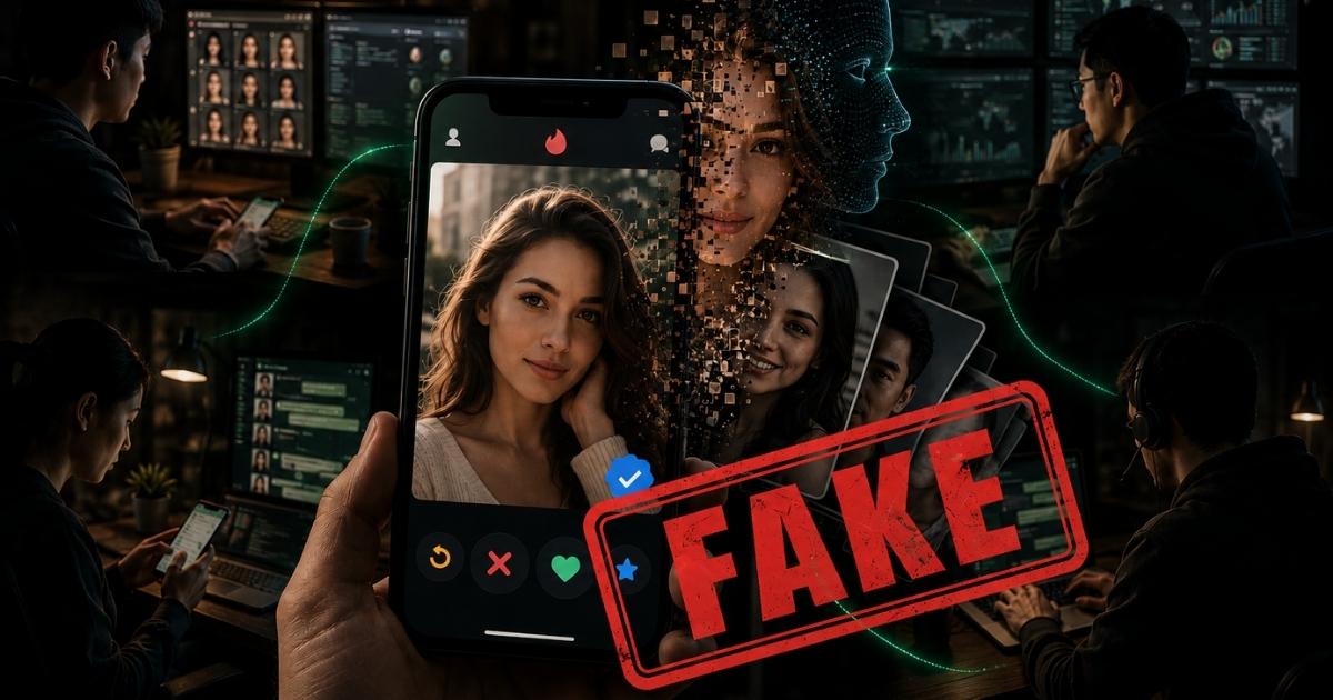 Smartphone displaying a verified dating profile that appears trustworthy but is marked with a large red "FAKE" stamp. The profile image begins to fragment into multiple identities and an AI-generated face, while several scammers work behind computer screens in the background, illustrating how romance scams are often run by organized teams using stolen photos, fake identities, and deceptive online profiles.
