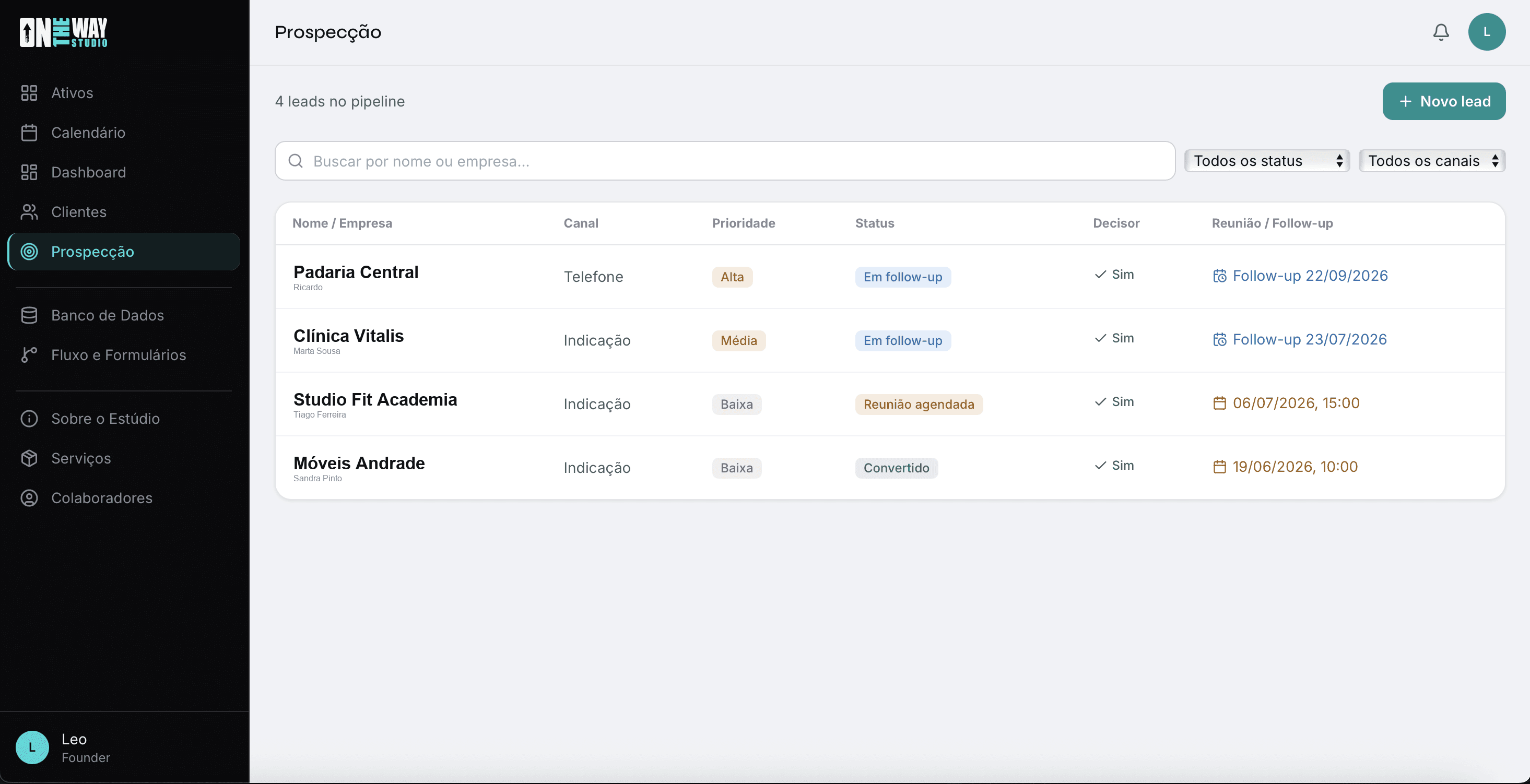 Ecrã da app OTW: Prospecção