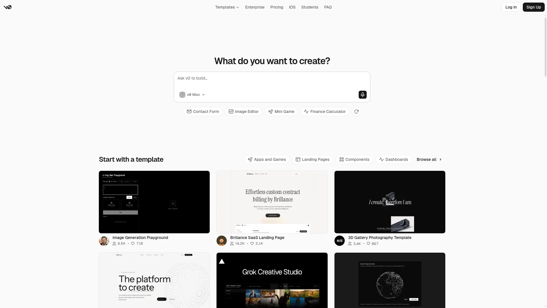 v0 by Vercel AI builder free plan homepage
