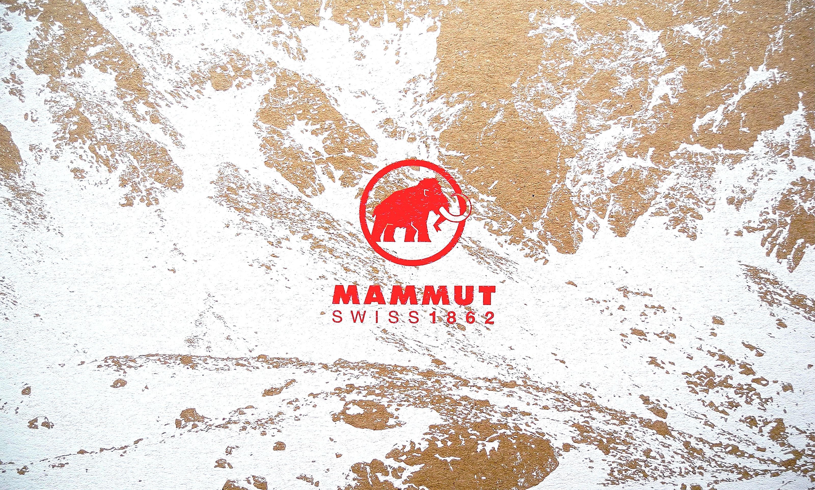Das Mammut-Logo steht zentriert auf einer weissen Fläche mit Bergstruktur. Beides ist auf braunen Karton gedruckt.