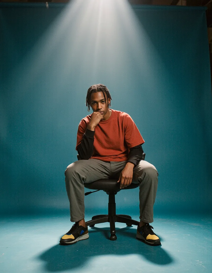 Young man in orange tshirt seated on stool against teal studio backdrop with dramatic overhead lighting