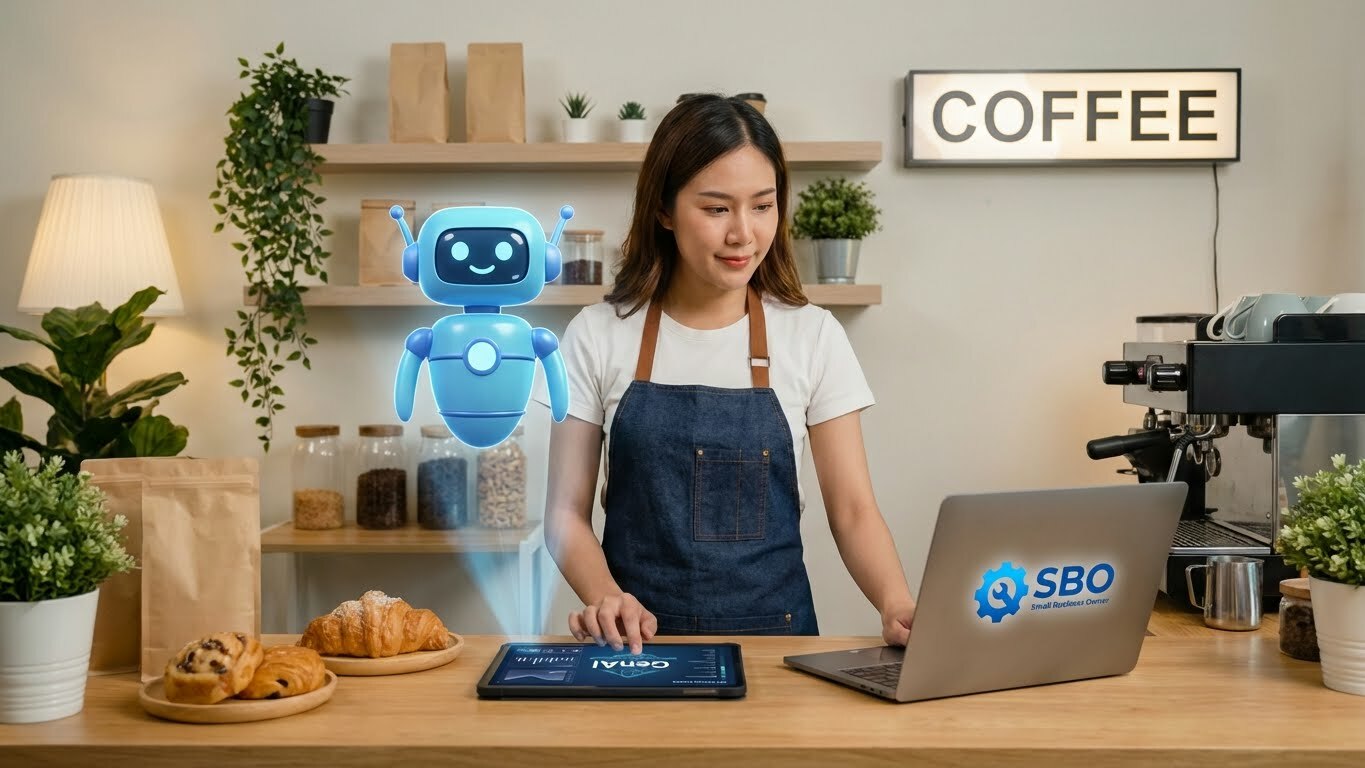 Small business owner using AI tools on tablet and computer