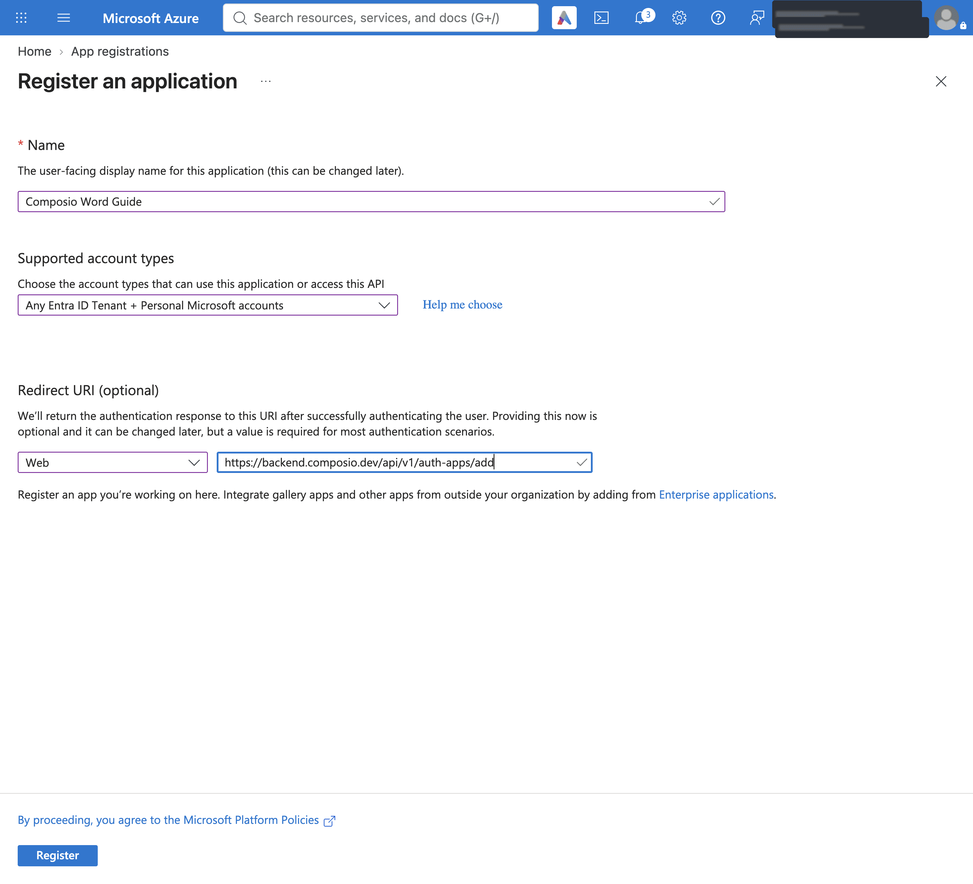 Register an application form filled in with name, account type and redirect URI