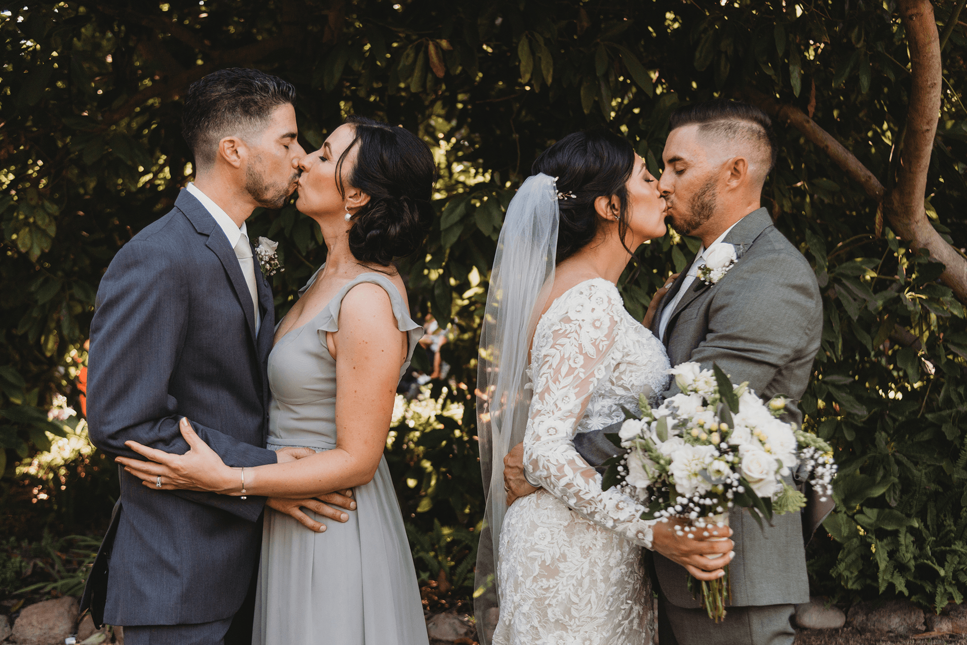 Flat lay wedding details with bouquet, rings, and sparkling bridal heels