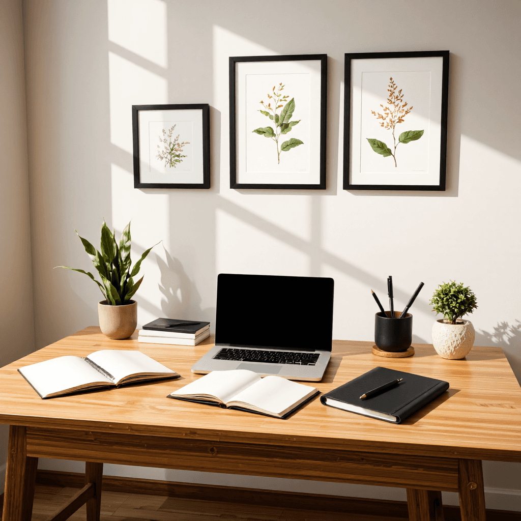 product photography of Home office desk setup with plants and stationery