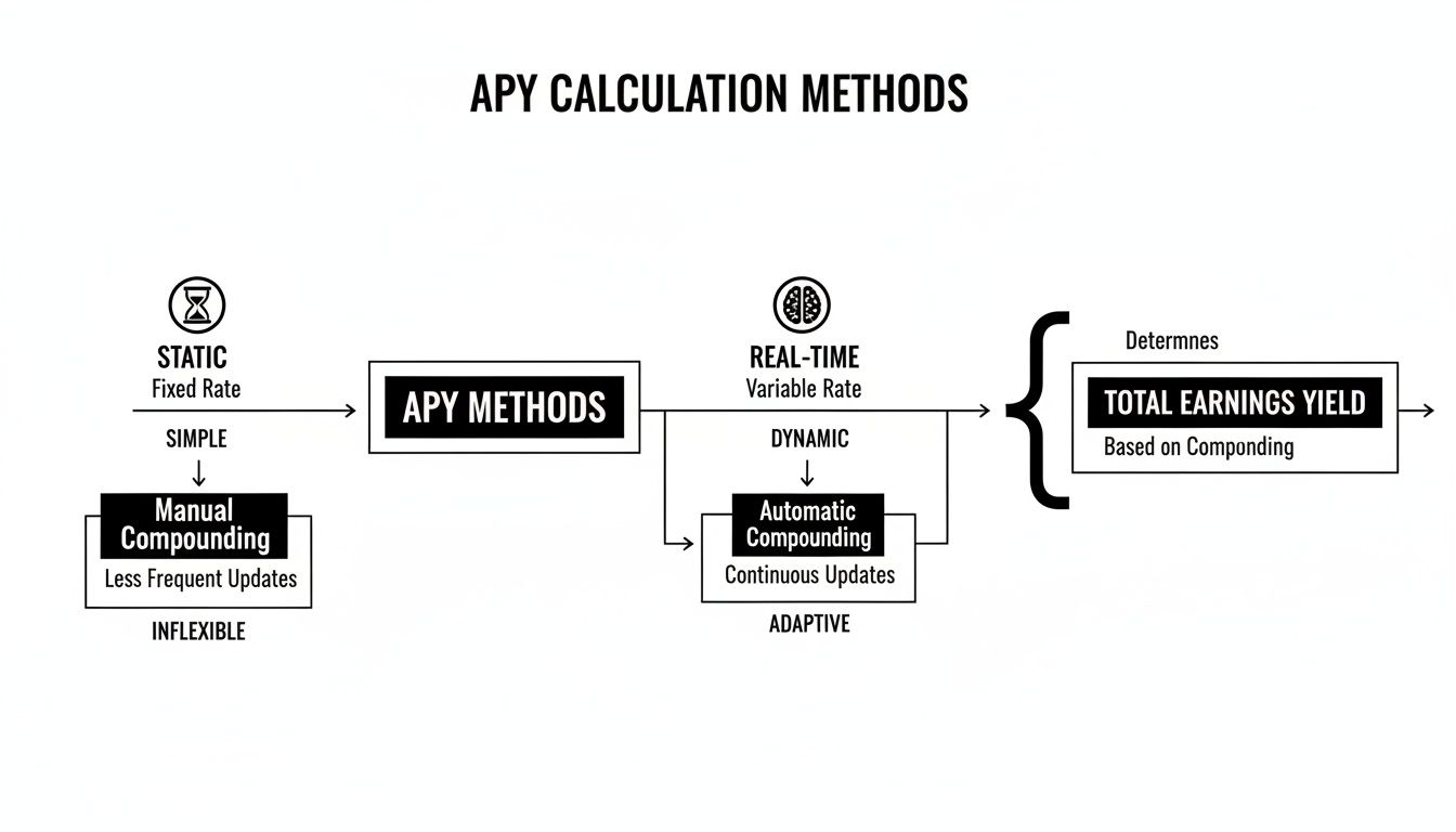 Flowchart illustrating APY calculation methods, comparing static manual compounding with real-time automatic compounding for total earnings.