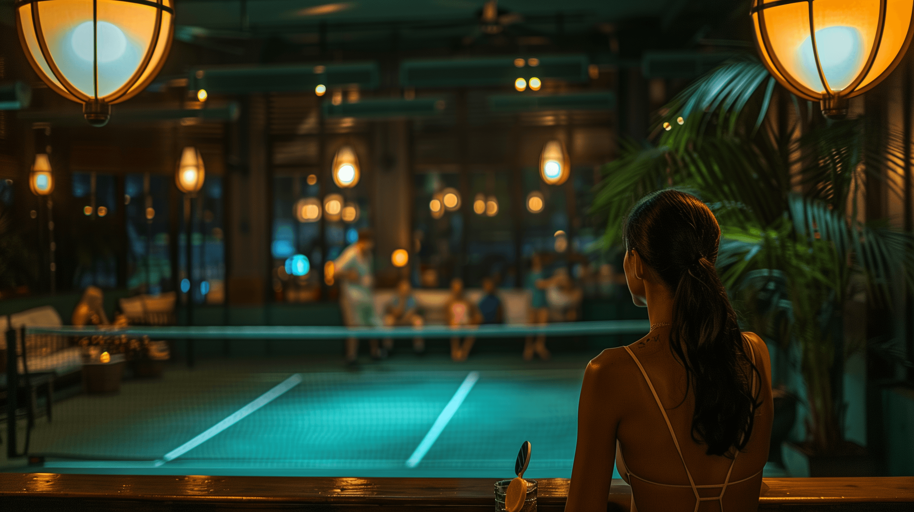 a lady looking at a dimmly lit court in a luxury envirnment