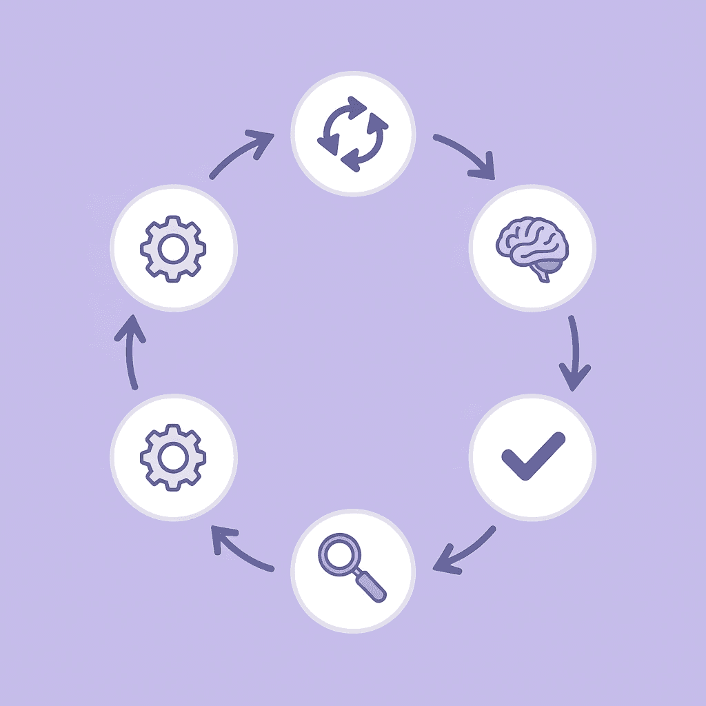 Circular cycle showing learning from patterns, adaptation, execution, and feedback loop