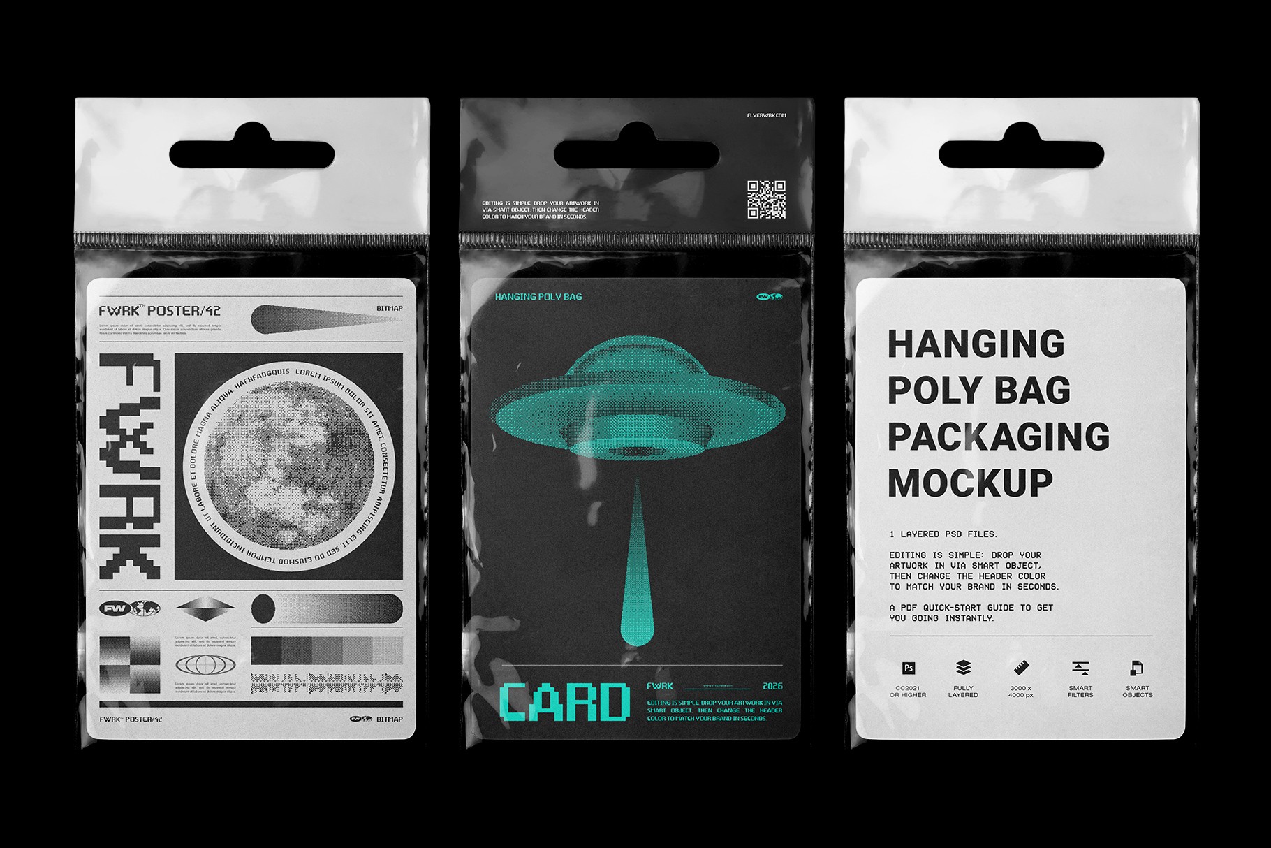 Hanging Poly Bag Mockup displaying a green UFO graphic and a clean instructional layout for trading card packaging