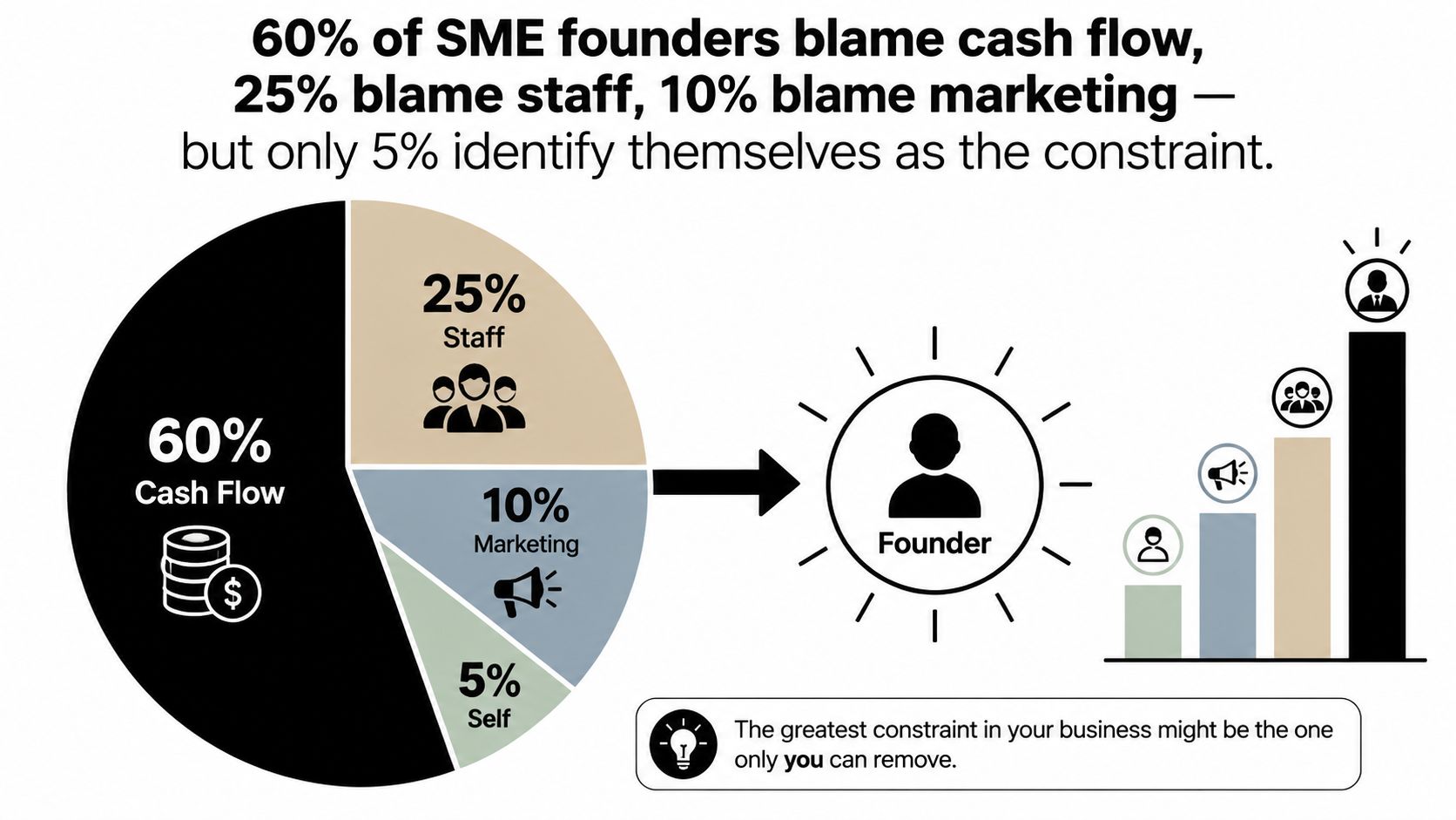A pie chart and bar graph illustrating that SME founders often blame external factors instead of themselves.
