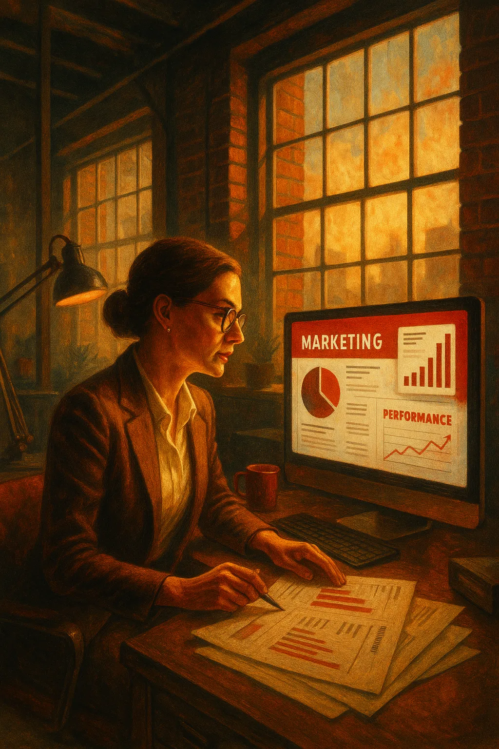 Woman analyzing marketing data on computer at RockN' Socials agency.