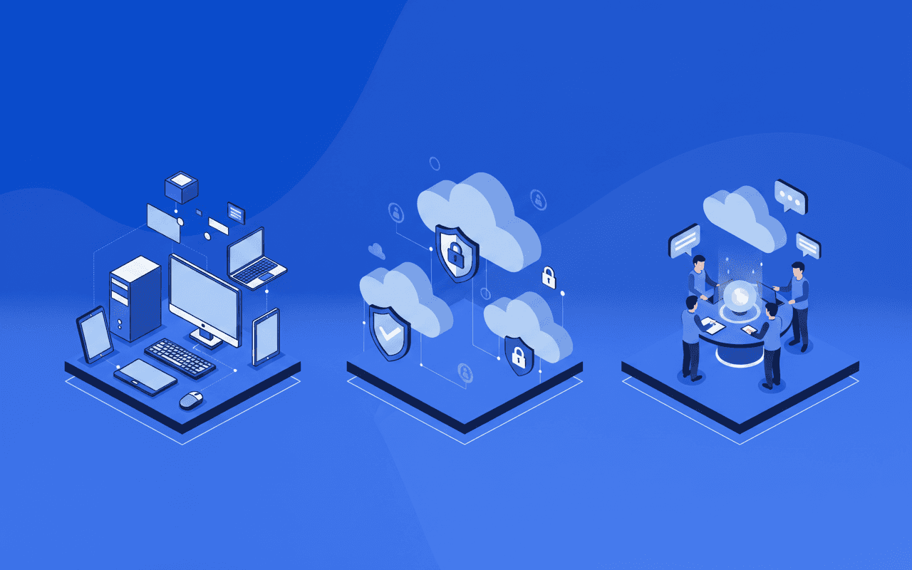 A clean, professional diagram showing three distinct pathways or pillars representing IT procurement categories. The first pathway shows computer hardware and devices, the second shows cloud infrastructure and cybersecurity shields, and the third shows people collaborating on IT services and consulting. Modern, minimalist style with blue and gray tones, isometric perspective, government technology theme.