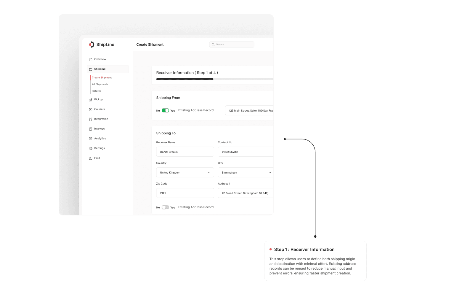 Create Shipment screen showing Step 1 Receiver Information form with shipping from and shipping to fields
