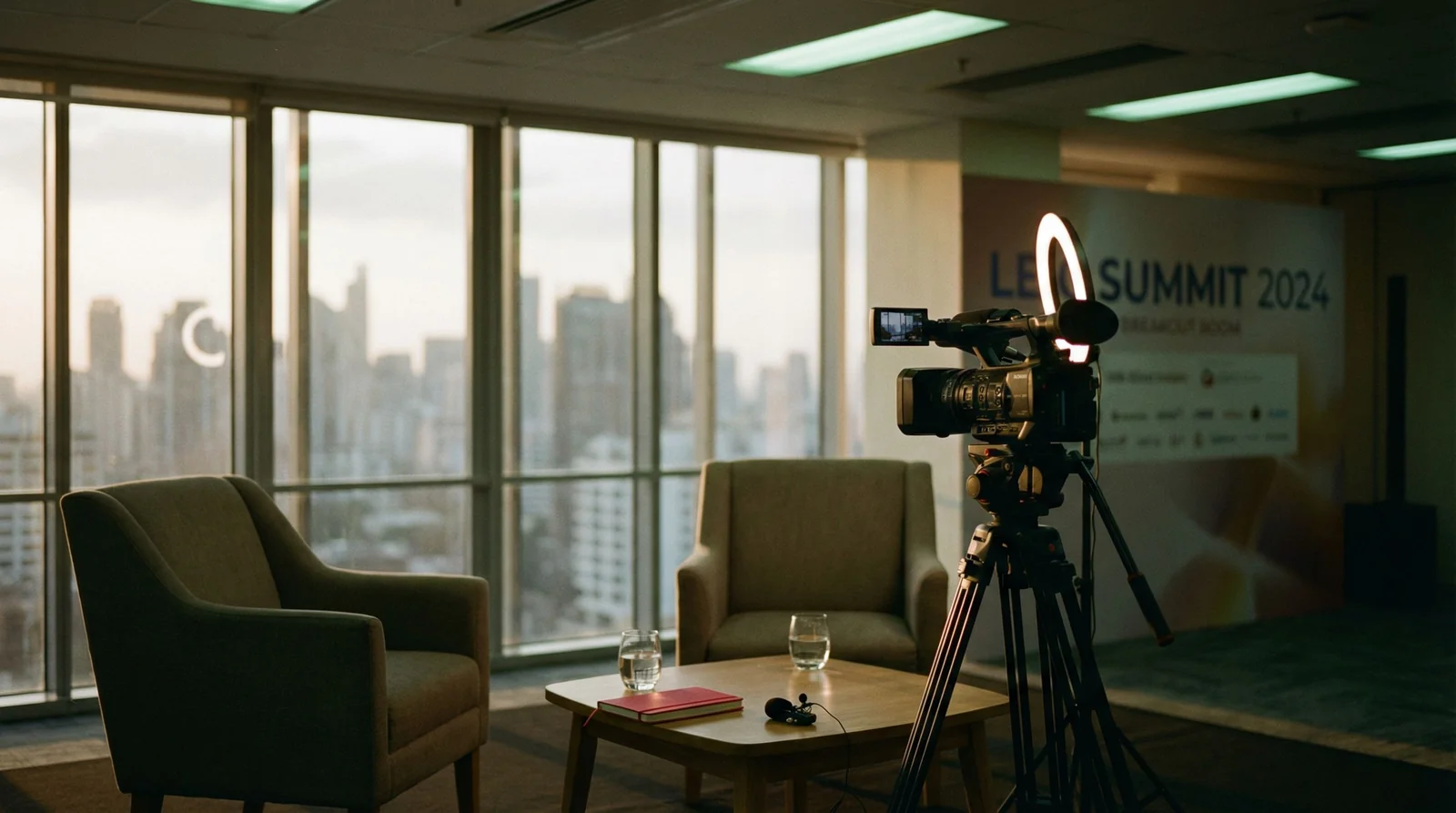 Empty conference interview setup ready to record: two chairs, camera on tripod, ring light, lavalier mics on table, city skyline through floor-to-ceiling windows