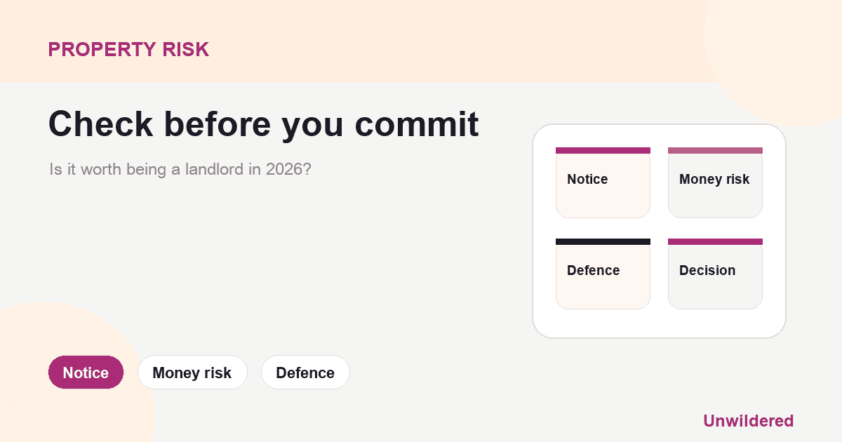 Explainer card for Is it worth being a landlord in 2026?: Notice, Money risk, Defence.