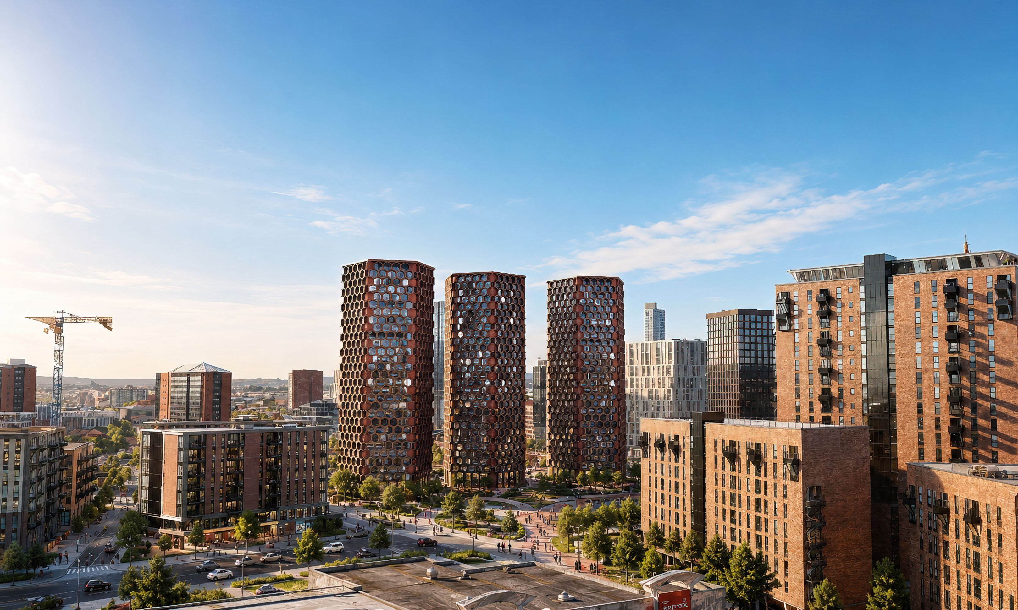Wide-angle architectural CGI of Hive Living MCR at Middlewood Basin in Manchester featuring three iconic honeycomb-inspired residential towers within a contemporary mixed-use regeneration scheme. Photorealistic visualisation by James Lyons at Pixelspaces highlighting sustainable urban design, luxury residential architecture, landscaped public realm, and AI-enhanced architectural visualisation services for Manchester architects, interior designers, and property developers.