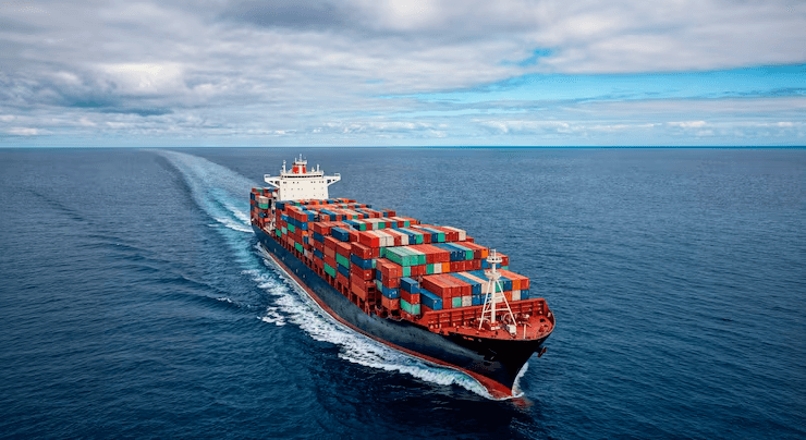 Large marine cargo ship sailing through open ocean waters, transporting containers across international shipping routes.