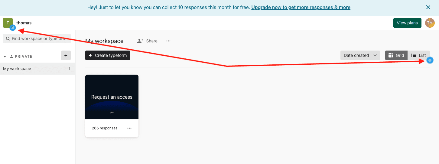 Typeform uses pulsing hotspot dots on specific UI elements to guide users toward features they haven't explored yet.
