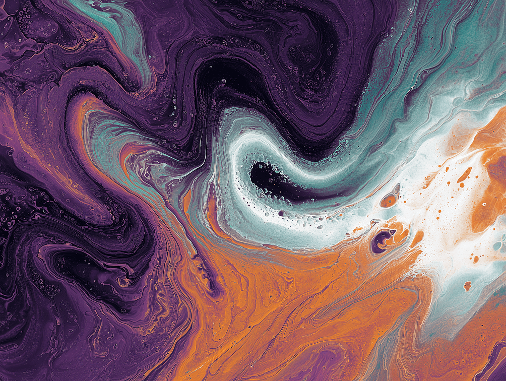 Abstract swirling pattern with shades of purple, teal, orange, and white, creating a dynamic, fluid design.