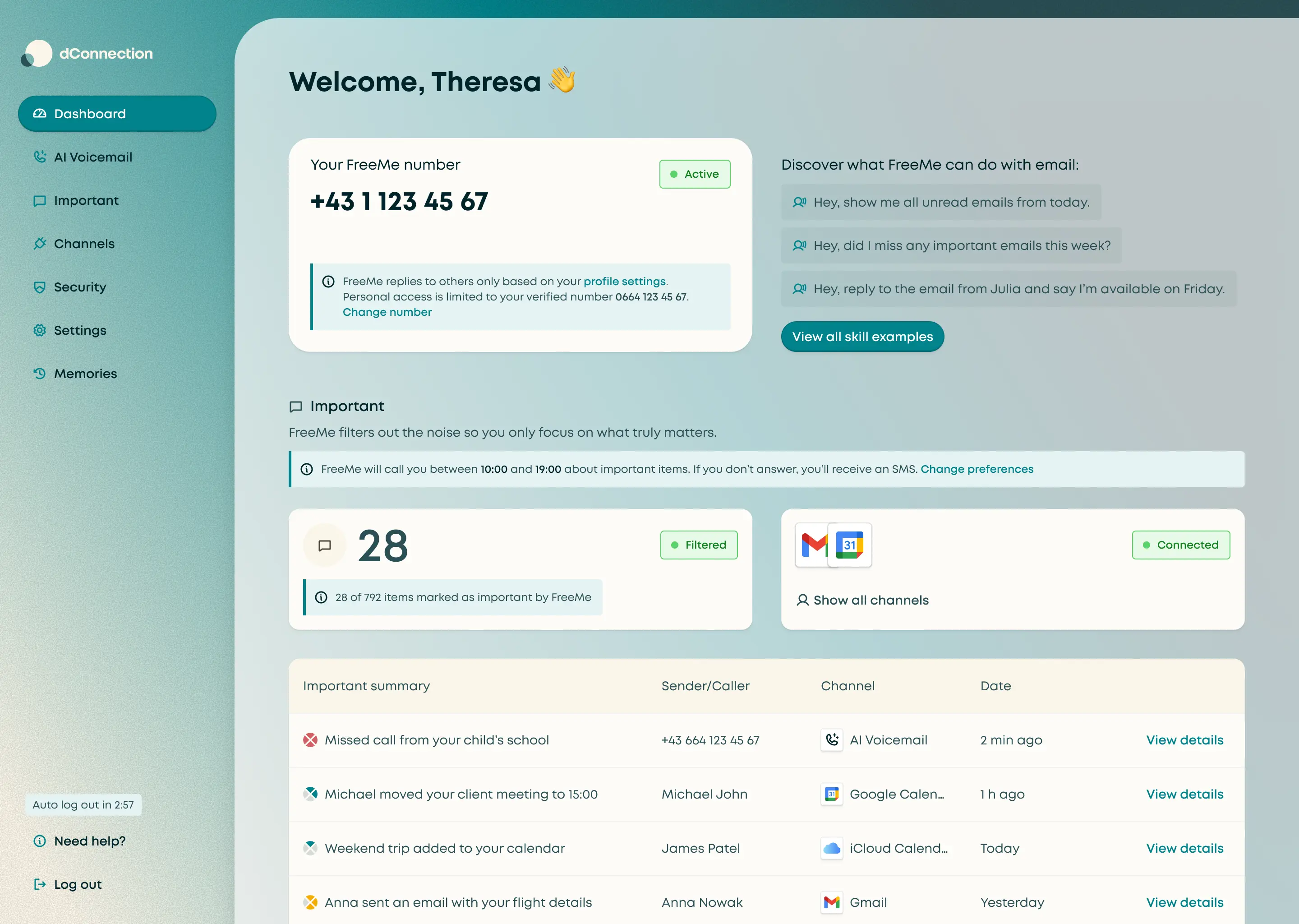 FreeMe dashboard interface showing messages, notifications and connected channels.