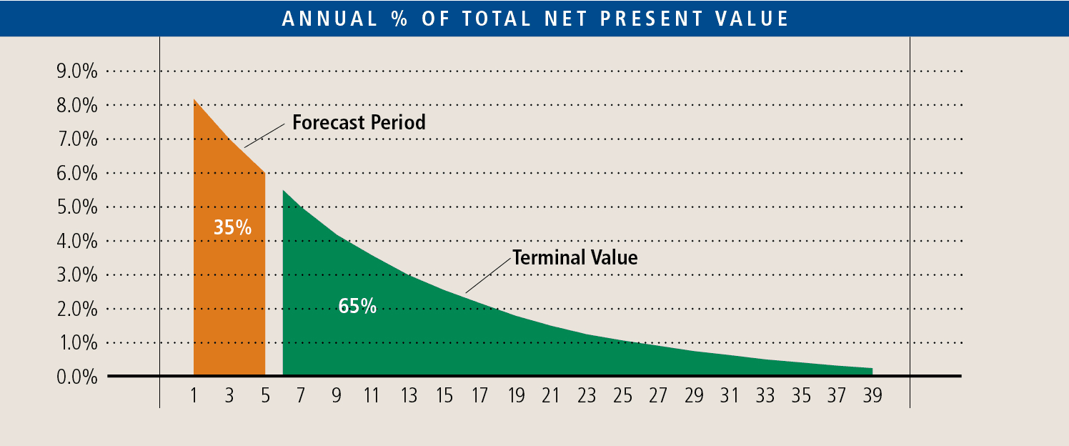 A line graph titled Annual % of Total Net Present Value showing the breakdown between the Forecast Period and Terminal Value, with Terminal Value labeled at 65% across a timeline spanning years 5 to 39.