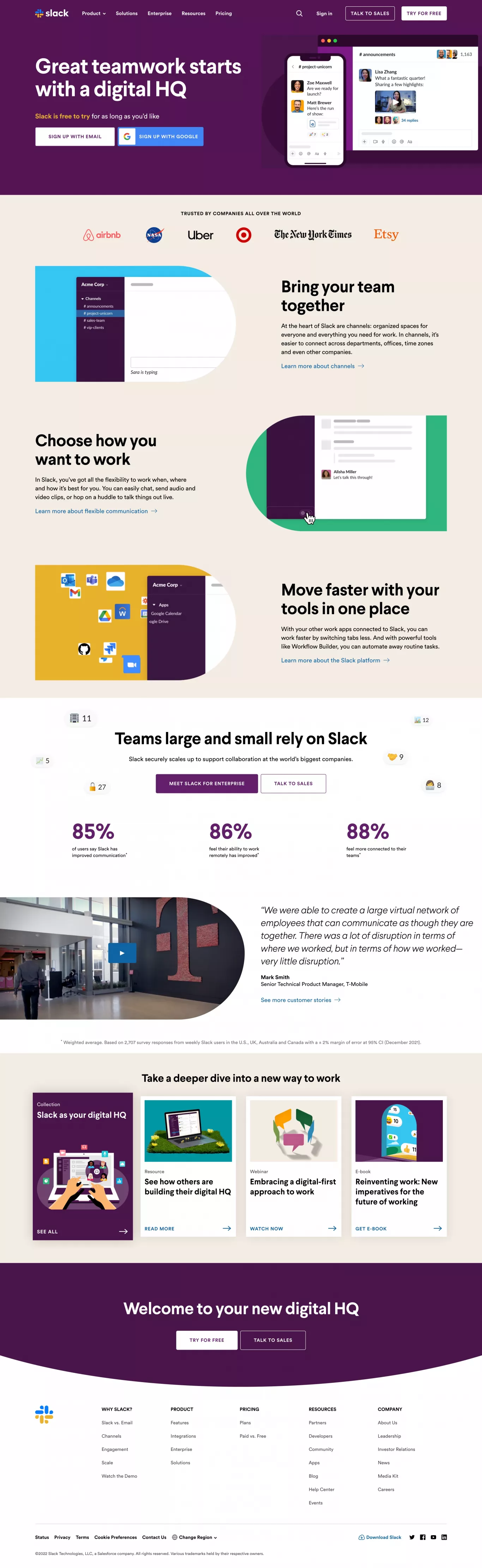 Slack is your digital HQ landing page screenshot showcasing HR and Tech design